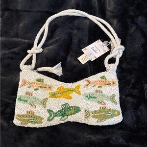 Beaded Fish Motif Shoulder Bag - White with Green & Yellow
